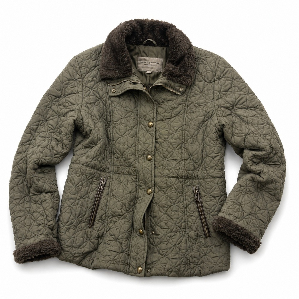 Marc New York Andrew Marc Quilted Jacket Olive Faux Fur Women's Small